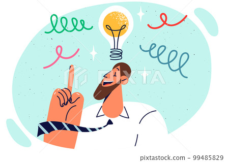 Encouraged businessman with light bulb pointing finger up coming up with new brilliant idea Encouraged businessman with light bulb pointing finger up coming up with new brilliant idea 99485829