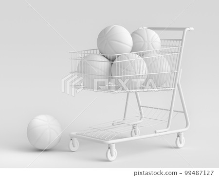 Set of ball like basketball, american football and golf in shopping cart on monochrome background. 3d rendering of sport accessories for team playing games 99487127