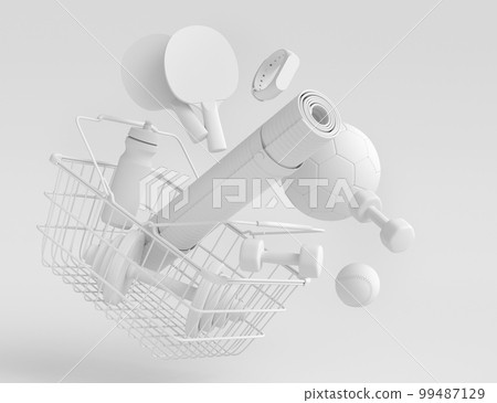 Sport equipment for fitness, gym in shopping basket on monochrome background. 3d render of power lifting and fitness concept Sport equipment for fitness, gym in shopping basket on monochrome background. 3d render of power lifting and fitness concept 99487129