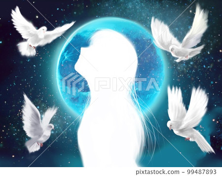 The silhouette of a young woman praying looking up at the night sky with beautiful stars and a blue full moon, with white doves flying around her 99487893