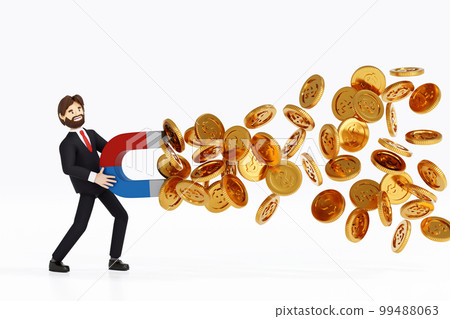 Businessman holding big magnet to attract coin, business attraction money, 3D rendering. 99488063