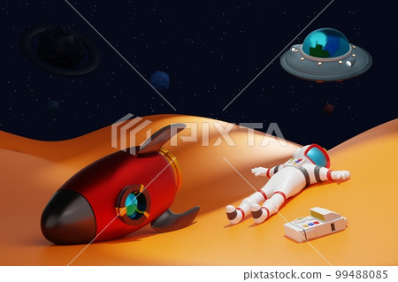 UFO hunting astronaut, hiding with rocket on the moon, sci-fi science space discovery, 3D render. UFO hunting astronaut, hiding with rocket on the moon, sci-fi science space discovery, 3D render. 99488085