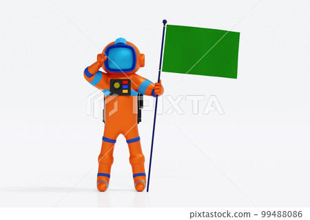 Astronaut holding green flag on white, space adventure discovery, 3D render. Astronaut holding green flag on white, space adventure discovery, 3D render. 99488086