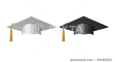 Vector 3d Realistic White and Black Graduate College, High School, University Black Cap Icon Set Closeup Isolated. Vector Degree Ceremony Hat. Educational Student Symbol, Hat. Front View Vector 3d Realistic White and Black Graduate College, High School, University Black Cap Icon Set Closeup Isolated. Vector Degree Ceremony Hat. Educational Student Symbol, Hat. Front View 99488087