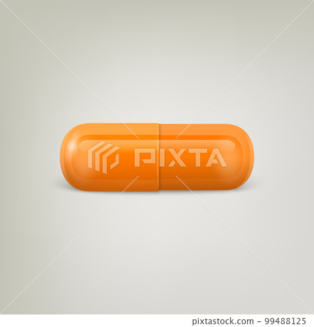 Vector 3d Realistic Orange Pharmaceutical Medical Pill, Capsule, Tablet on White Background. Front View. Copy Space. Medicine, Health Concept 99488125