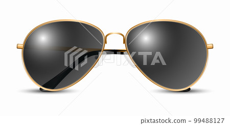 Vector 3d Realistic Modern Unisex Frame Glasses. Yellow Golden Color Frame. Black Transparent Sunglasses for Women and Men, Accessory. Optics, Lens, Vintage, Trendy Glasses. Front View 99488127