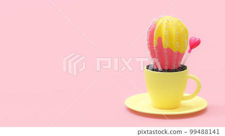 Yellow Pink cactus in coffee mug on pink background. Designed in minimal concept and pastel color style. Yellow Pink cactus in coffee mug on pink background. Designed in minimal concept and pastel color style. 99488141