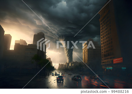 Tornado storm in city center with dark sky and bad weather. Neural network AI generated art Tornado storm in city center with dark sky and bad weather. Neural network AI generated art 99488216