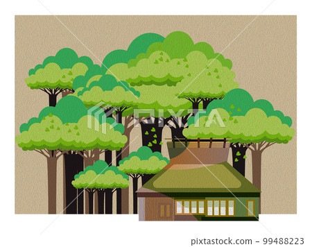 油畫風格。美麗的日本山村景觀與老房子。大片綠樹和平靜的山村景觀。 油畫風格。美麗的日本山村景觀與老房子。大片綠樹和平靜的山村景觀。 99488223