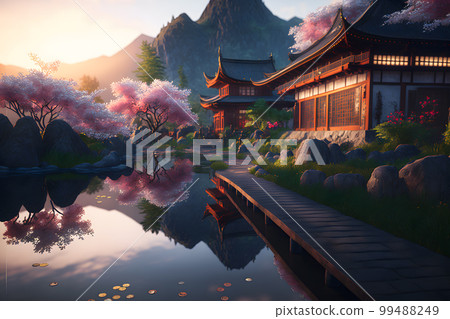 Oriental landscape with japanese traditional building close to river and cloudy mountains in time of sakura blossom. Neural network AI generated art Oriental landscape with japanese traditional building close to river and cloudy mountains in time of sakura blossom. Neural network AI generated art 99488249