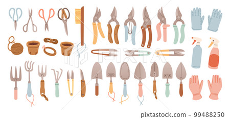 Big set of gardening items in hand drawn style. Agricultural and garden tools for spring work. Vector isolated on white Big set of gardening items in hand drawn style. Agricultural and garden tools for spring work. Vector isolated on white 99488250