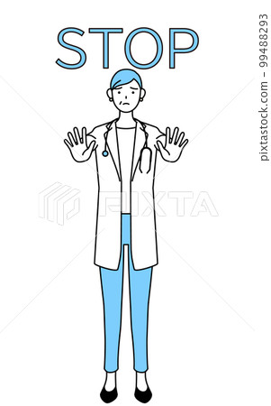 Signal to stop, a female doctor in a white coat with a stethoscope sticking out her hand in front of her body, a senior/middle-aged veteran doctor 99488293