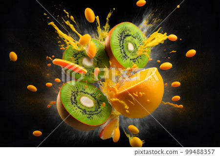 Qiwi and orange explosion splash moment on black background. Neural network AI generated art 99488357