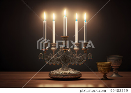 Hanukkah menorah on jewish traditional festive table. Neural network AI generated art Hanukkah menorah on jewish traditional festive table. Neural network AI generated art 99488359