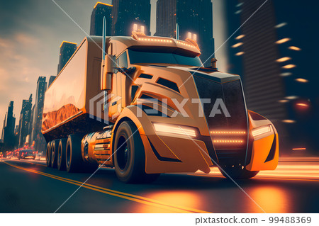 Modern futuristic truck car in city center. Neural network AI generated art Modern futuristic truck car in city center. Neural network AI generated art 99488369