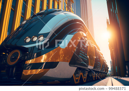 Modern futuristic passenger train in city center. Neural network AI generated art Modern futuristic passenger train in city center. Neural network AI generated art 99488371