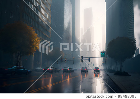 Urban skyscrapers at early foggy morning in the city district. Neural network AI generated art Urban skyscrapers at early foggy morning in the city district. Neural network AI generated art 99488395