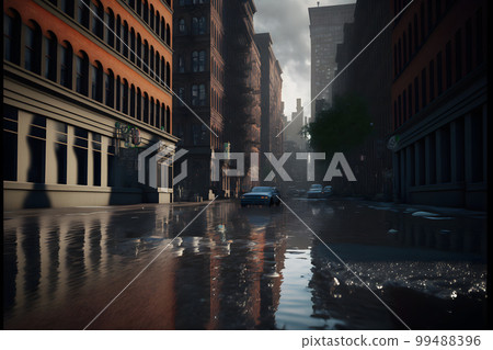 Flood in city center with light sky after heavy rain. Neural network AI generated art Flood in city center with light sky after heavy rain. Neural network AI generated art 99488396