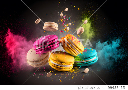 Colorful macarons with bright sugar powder explosion moment on black background. Neural network AI generated art 99488435