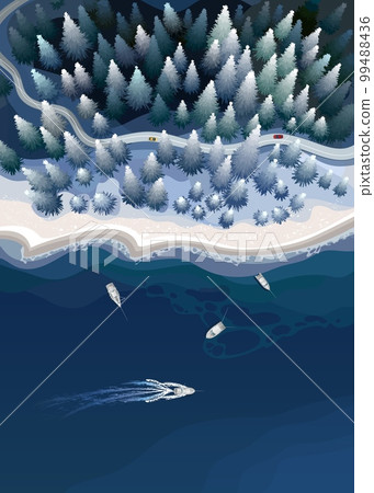 Sea, forest and boats in a winter nature landscape from top. Vector illustration 99488436