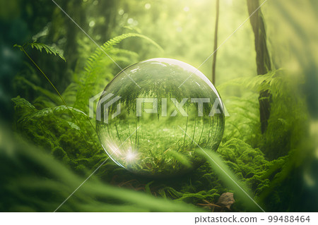 Crystal ball on green grass with reflection of green vegetation inside. Neural network AI generated art Crystal ball on green grass with reflection of green vegetation inside. Neural network AI generated art 99488464