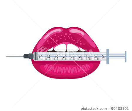 Lips holding a syringe. Beauty concept of lips, lip filler. Medical icon, cosmetology logo. Illustration, vector 99488501