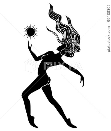 Silhouette of a naked woman with a symbol of the sun on a white background, mystical poster. Wall art, wall decor. Vector Silhouette of a naked woman with a symbol of the sun on a white background, mystical poster. Wall art, wall decor. Vector 99488503