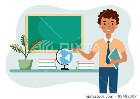 Male teacher in the classroom. The concept of school and learning, teacher's day. Vector, illustration in flat cartoon style Male teacher in the classroom. The concept of school and learning, teacher's day. Vector, illustration in flat cartoon style 99488507