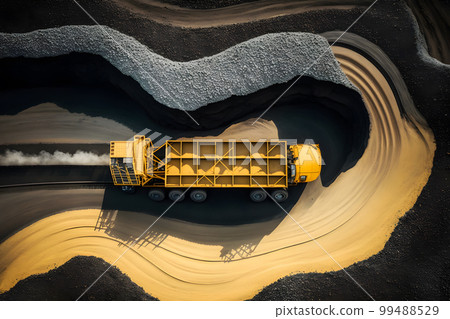 Open pit mine, extractive industry for coal. Big yellow mining truck machinery for coal quarry. Neural network AI generated art 99488529
