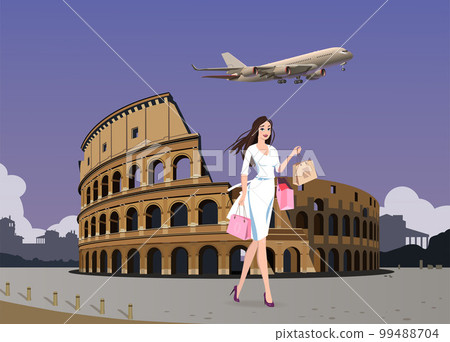 The girl flew to Rome for the weekend for shopping. Vector. 99488704