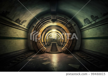 Underground subway tunnels in dirty obsolete condition. Neural network AI generated art Underground subway tunnels in dirty obsolete condition. Neural network AI generated art 99488815