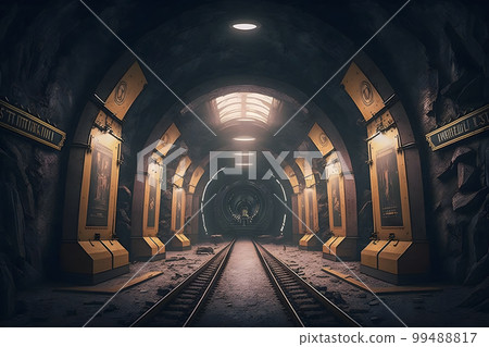 Underground subway tunnels in dirty obsolete condition. Neural network AI generated art Underground subway tunnels in dirty obsolete condition. Neural network AI generated art 99488817