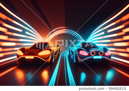 Two high speed sports cars in motion, racing moment in neon light. Neural network AI generated art Two high speed sports cars in motion, racing moment in neon light. Neural network AI generated art 99488819