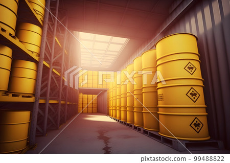 Radioactive waste in barrels, nuclear waste repository. Neural network AI generated art 99488822