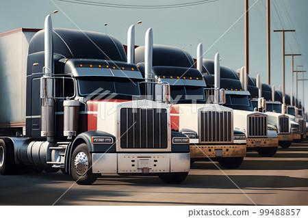 Semi Trailer Trucks on Parking lot. Delivery Trucks for Cargo Shipping. Lorry Industry Freight Truck Logistics Transport. Neural network AI generated art 99488857