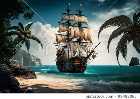 Pirate ship at the open sea close to rocks and small island with palms. Neural network AI generated art 99488865