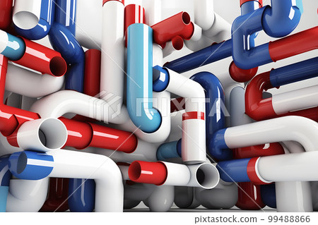 Abstract blue red and white pipes system on white background. Neural network AI generated art Abstract blue red and white pipes system on white background. Neural network AI generated art 99488866