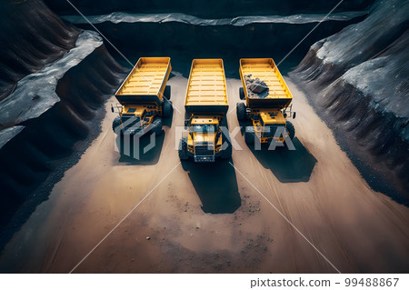 Open pit mine, extractive industry for coal. Big yellow mining truck machinery for coal quarry. Neural network AI generated art 99488867