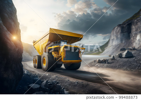 Open pit mine, extractive industry for coal. Big yellow mining truck machinery for coal quarry. Neural network AI generated art 99488873