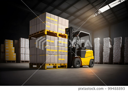 Warehouse with fully loaded forklift between rows in the big interior space. Neural network AI generated art 99488893