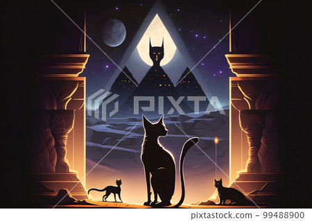 Egyptian fantasy abstract background, Egyptian goddess Bastet, black cat. Neural network AI generated art 99488900