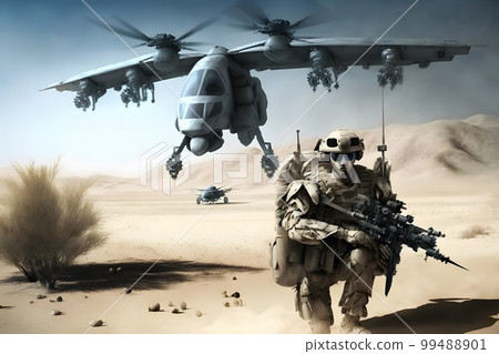 Soldiers are Using Drone for Scouting During Military Operation in the Desert. Neural network AI generated art 99488901