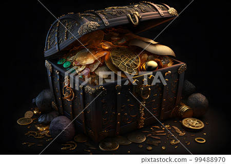 Open treasure chest filled with gold coins and expensive pirates loot on black background. Neural network AI generated art Open treasure chest filled with gold coins and expensive pirates loot on black background. Neural network AI generated art 99488970