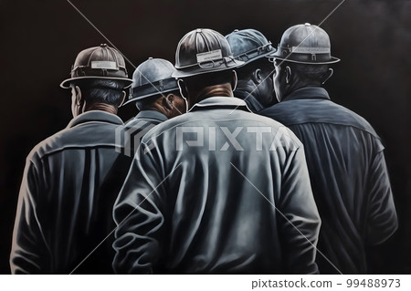 Back view of silhouettes of male workers in dark coal mine. Neural network AI generated art 99488973