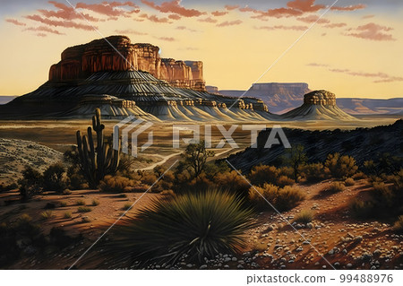 Red rock canyon desert in Nevada panoramic landscape at evening. Neural network AI generated art Red rock canyon desert in Nevada panoramic landscape at evening. Neural network AI generated art 99488976