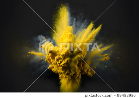 Explosion of yellow color paint powder on black background. Neural network AI generated art 99488986