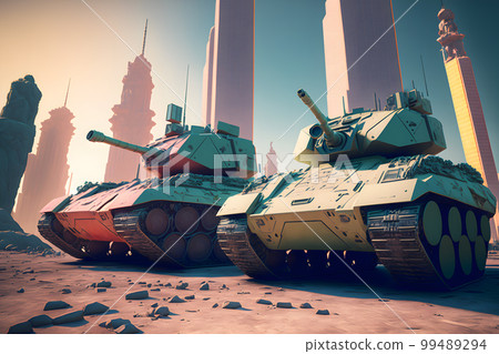 Modern futuristic battle tank with turret and cannon in city center. Neural network AI generated art 99489294