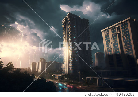 Tornado storm in city center with dark sky and bad weather. Neural network AI generated art 99489295
