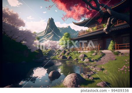 Oriental landscape with japanese traditional building close to river and cloudy mountains in time of sakura blossom. Neural network AI generated art 99489336