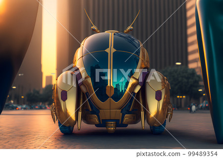 Modern futuristic car with bettle design in city center. Neural network AI generated art Modern futuristic car with bettle design in city center. Neural network AI generated art 99489354